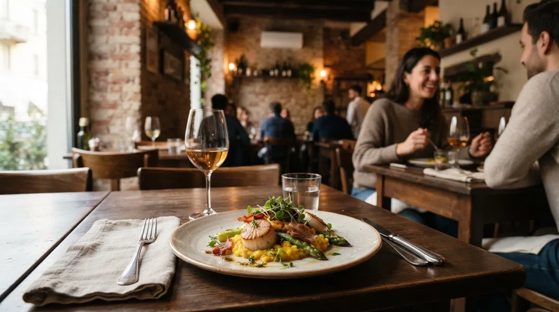 un plato del menú de degustación en 28 Posti en Via Corsico, cocina mediterránea de alta cocina en una mesa pequeña en un comedor cálido e íntimo