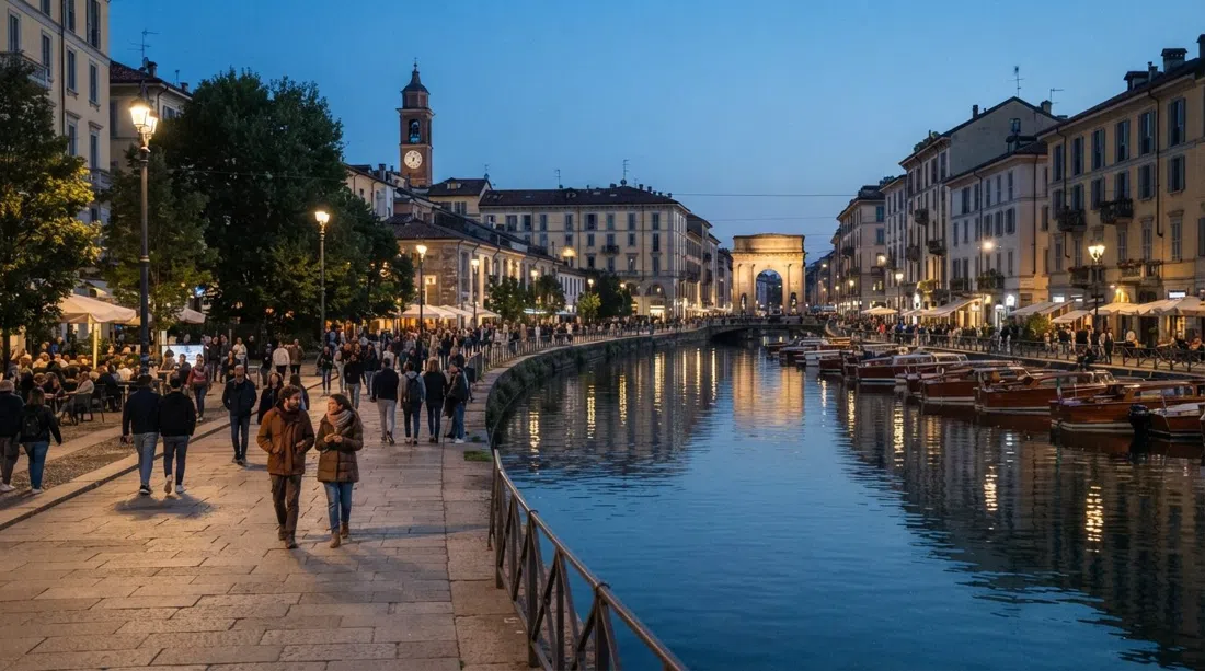 el paseo de la Darsena al atardecer en Milán, con la cuenca restaurada, gente paseando por el borde y reflejos de las luces de los canales