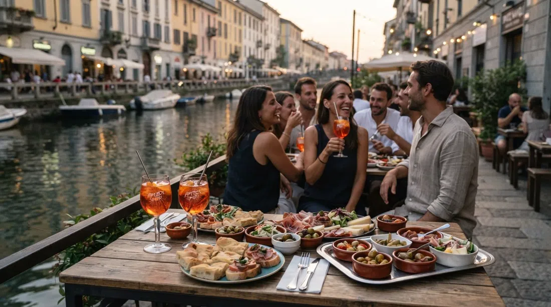 una mesa de aperitivo junto al canal en Spritz Navigli en Ripa di Porta Ticinese, copas de spritz junto a un largo buffet al atardecer