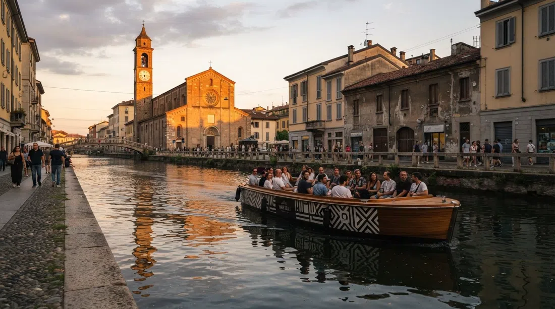 un barco de crucero eléctrico en el Naviglio Grande al atardecer, con San Cristoforo sul Naviglio y reflejos del canal al fondo