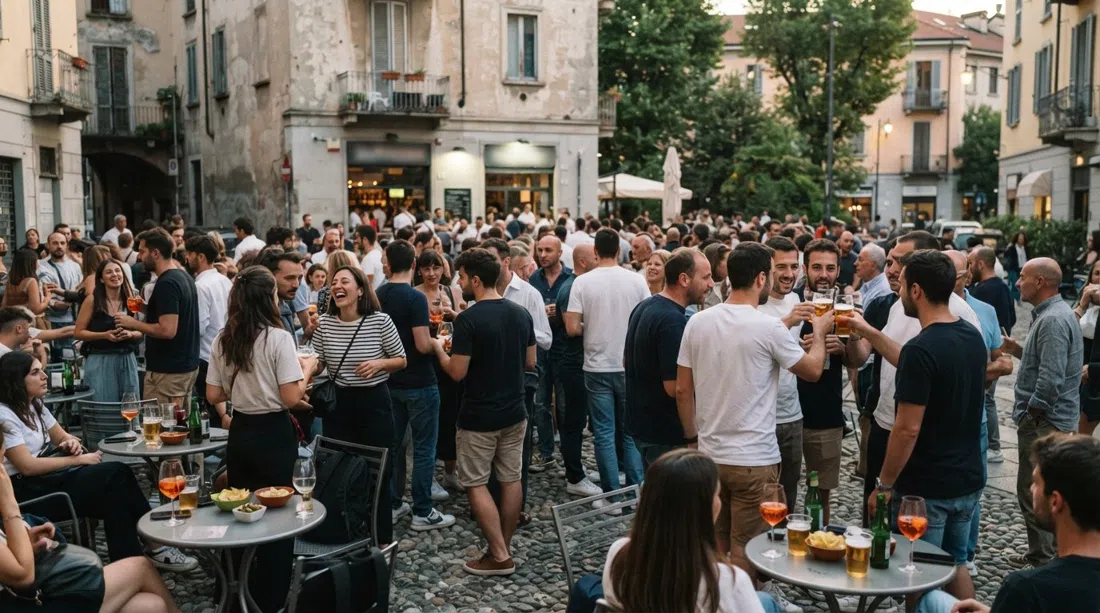 Piazza Morbegno en NoLo a la hora del aperitivo, mesas en la acera que se derraman en la desaliñada plaza triangular con lugareños hombro con hombro