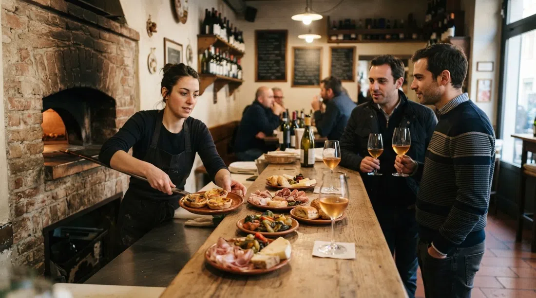 una barra larga en Silvano – vini e cibi al banco en Piazza Morbegno, platos saliendo del antiguo horno de panadería junto a copas de vino natural