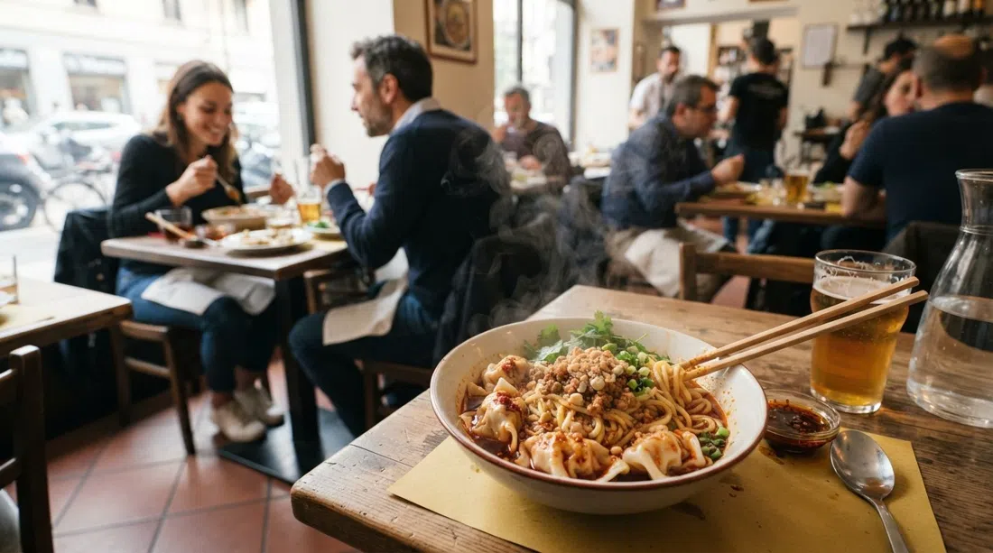 un cuenco de fideos sichuaneses picantes y dumplings en Le Nove Scodelle en Viale Monza, vapor subiendo sobre un plato de almuerzo barato y vívido