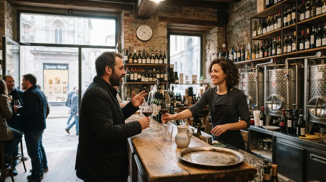 la barra del bar en Enoteca La Botte Fatale en Via Giacosa, tanques de vino de acero detrás de las copas y la pequeña galería Spazio Bidet en la ventana frontal