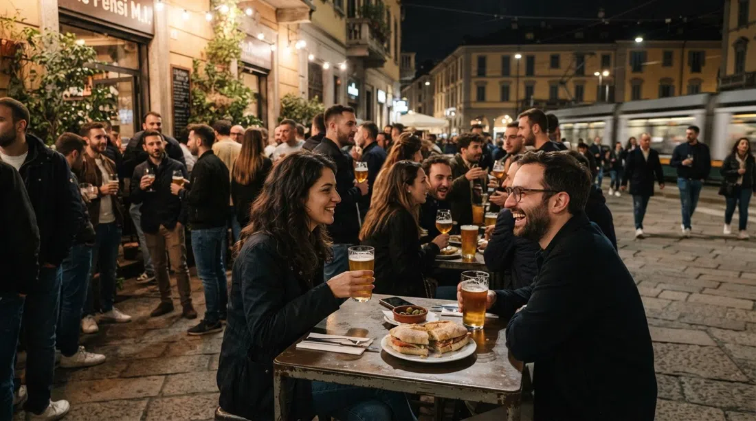 la acera abarrotada frente a Ghe Pensi M.I. en Piazza Morbegno por la noche, jarras de cerveza artesanal y platos de bocadillos bajo las cálidas farolas