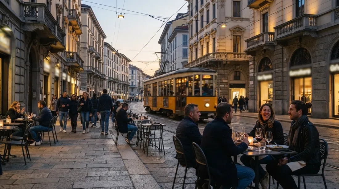 Corso di Porta Romana con vías de tranvía, bloques de pisos del siglo XIX y mesas en la acera al atardecer bajo la suave luz milanesa