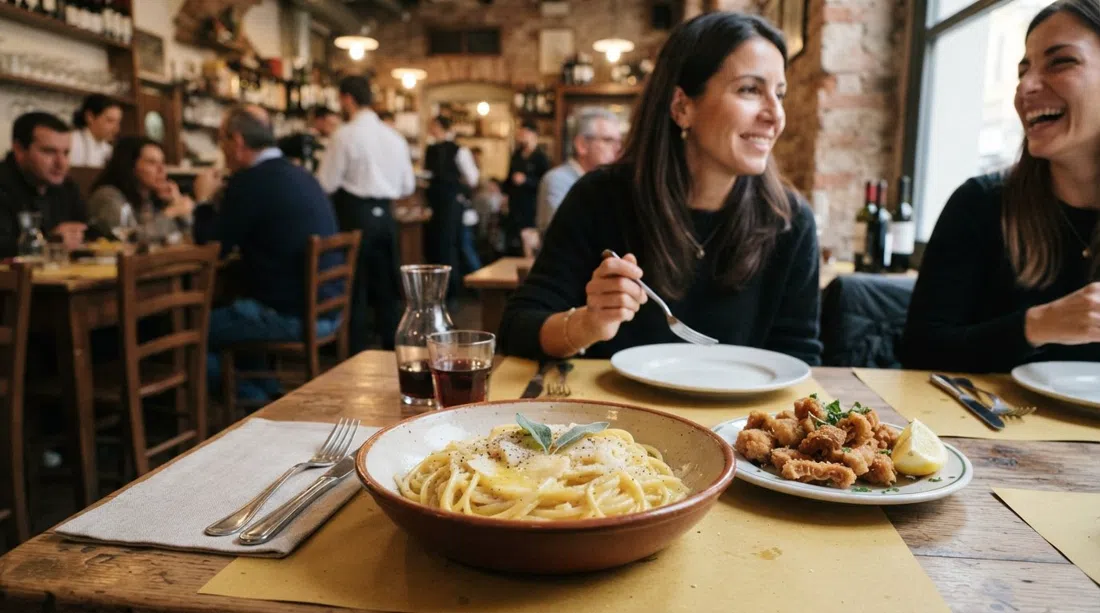 un plato de pasta con mantequilla y queso y tripa frita en Trippa, primer plano de una mesa sencilla con luz cálida de restaurante