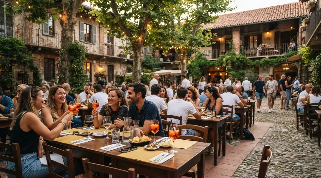 el patio de Cascina Cuccagna con mesas de Un Posto a Milano puestas para un aperitivo al atardecer bajo los árboles