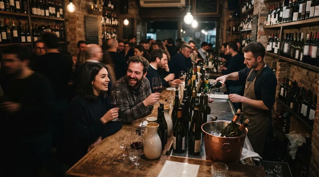 la barra de Cantina Urbana con botellas, copas y un público al anochecer con poca luz en un interior compacto de vinoteca