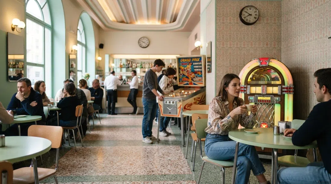 Bar Luce dentro de Fondazione Prada, mesas de formica pastel al estilo Wes Anderson, tocadiscos y máquina de pinball con luz suave diurna