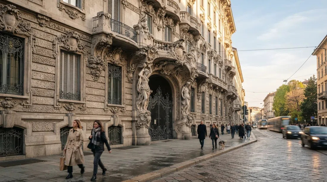 Palazzo Castiglioni en Corso Venezia, su pesada mampostería Liberty y fachada esculpida vista desde el nivel de la acera con una suave luz de la tarde