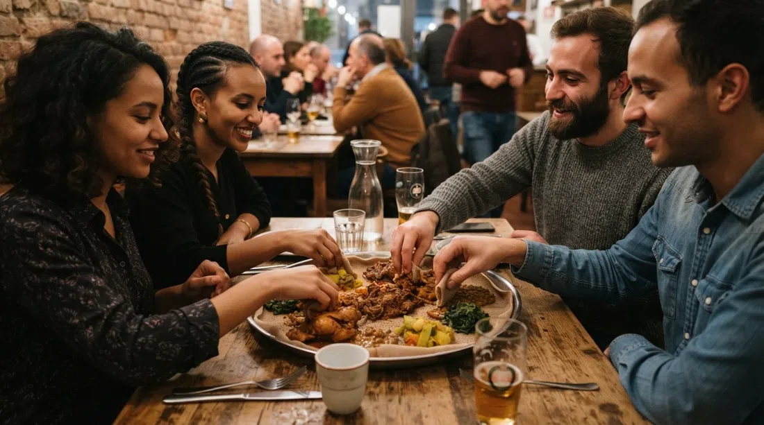 un plato compartido de zighinì sobre injera en Warsà en Via Melzo, manos alcanzando en una pequeña mesa de comedor eritreo bajo una cálida luz interior