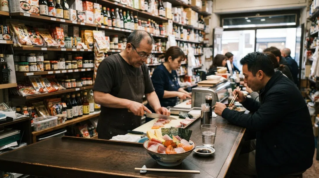 el compacto mostrador de sushi en Shiro Poporoya en Via Eustachi, con un bol de chirashi y estantes de ultramarinos apretados detrás de la barra