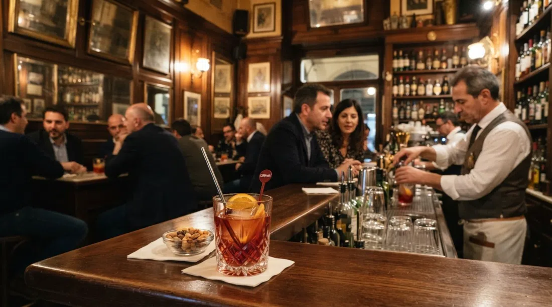 Bar Basso en Via Plinio, interior de un bar milanés con paneles de madera, un Negroni Sbagliato en la barra y una iluminación ámbar de estilo antiguo