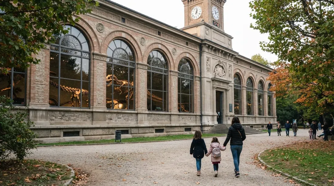 el Museo Civico di Storia Naturale en los Giardini Pubblici Indro Montanelli, con esqueletos de dinosaurios visibles a través de las altas ventanas del museo
