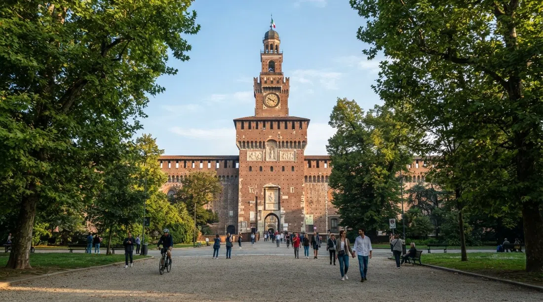 Castillo Sforzesco visto desde el borde del parque con luz suave matutina, muros de ladrillo rojo y la amplia entrada enmarcada por plátanos