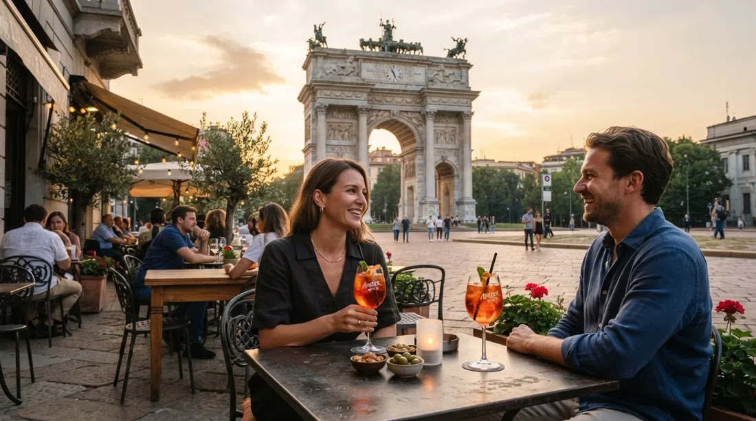 Living Liqueurs & Delights en Piazza Sempione con el Arco della Pace a la vista en la hora dorada, copas de cóctel en las mesas de la terraza