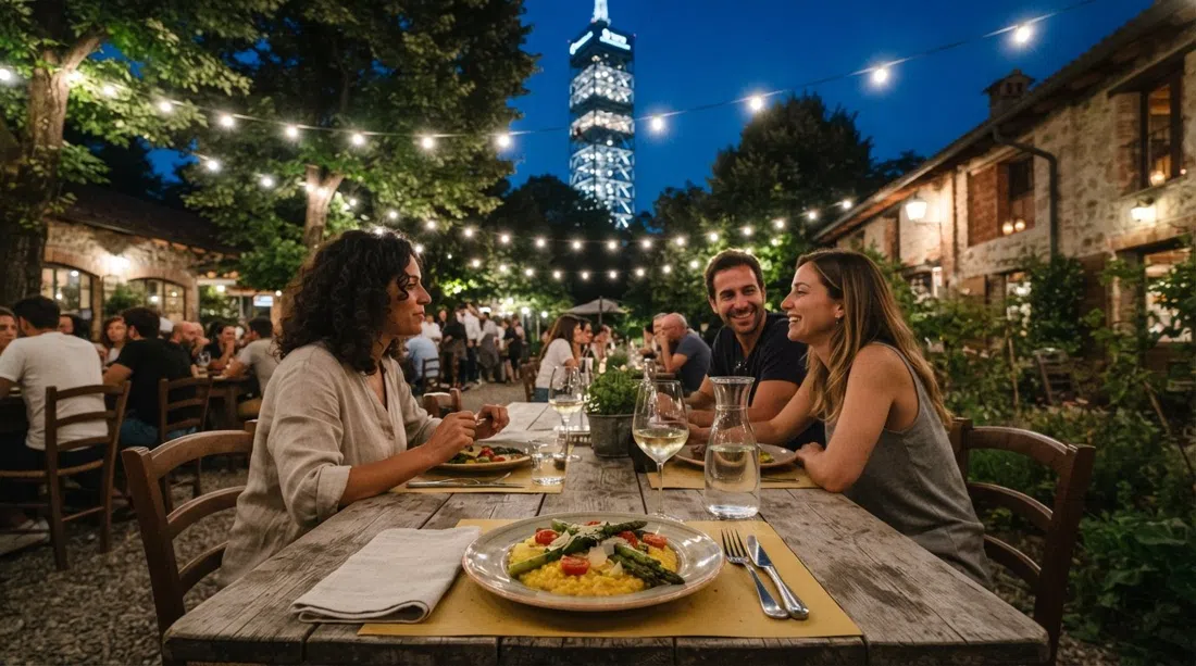 Plato de temporada en Cascina Nascosta bajo la Torre Branca, luces de cadena brillando sobre una mesa rústica de granja en el parque
