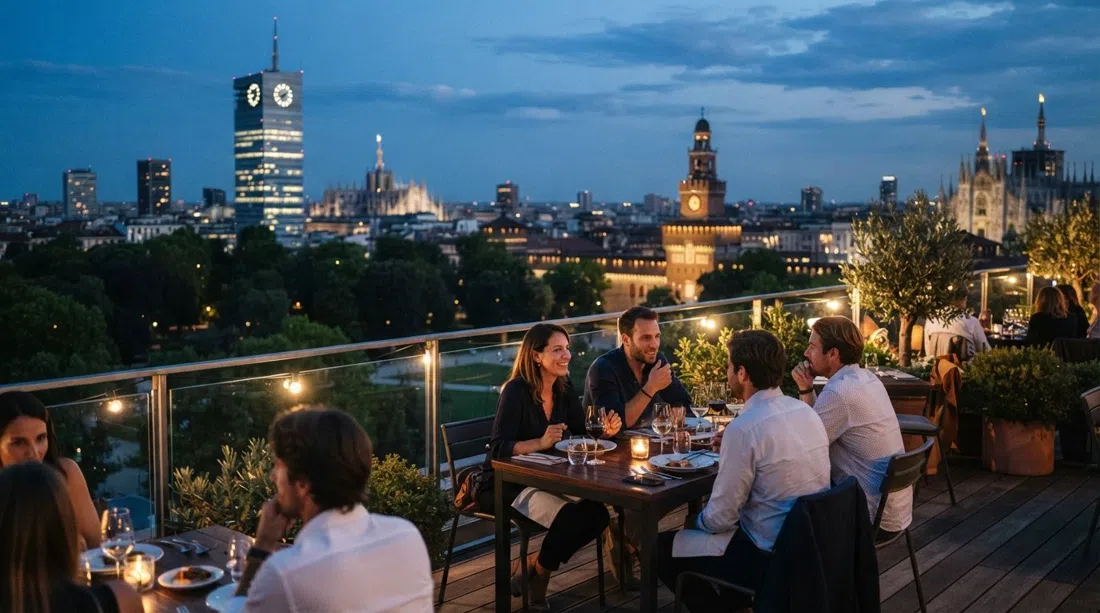 Terrazza Triennale — Osteria con Vista al anochecer, mesas en la azotea con vistas al Parco Sempione, Castello Sforzesco y el horizonte de Milán