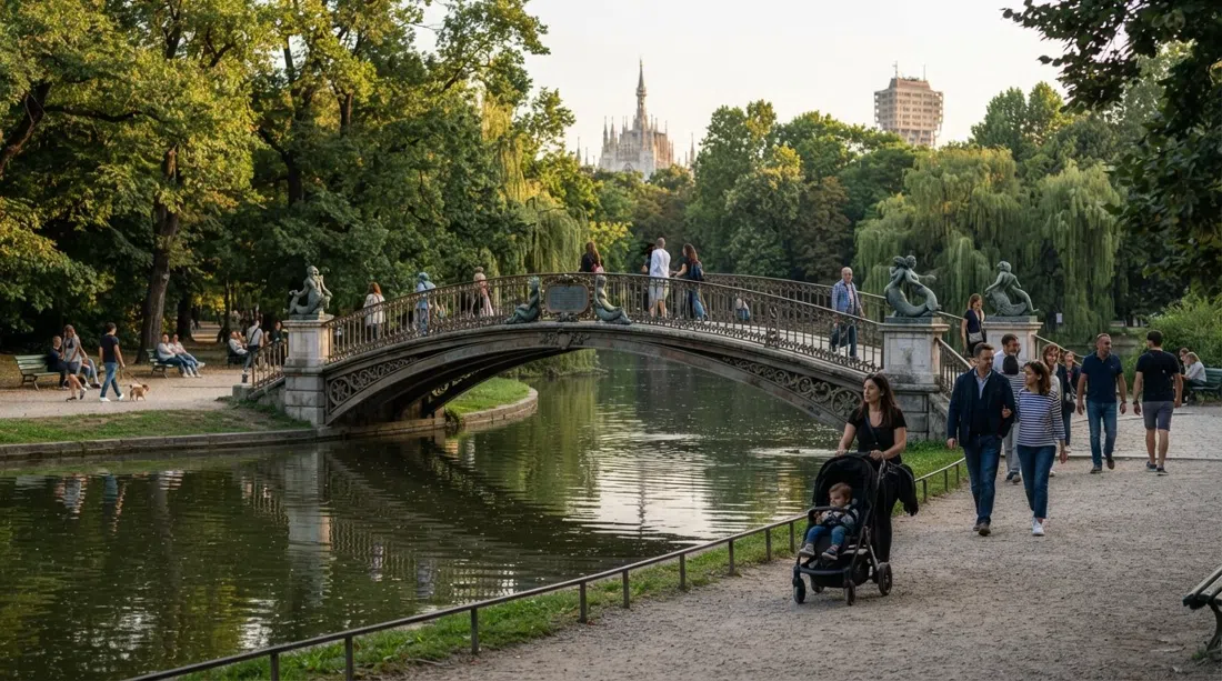 Parco Sempione al atardecer, el estanque, el Ponte delle Sirenette y senderos de grava sombreados con paseantes y carritos