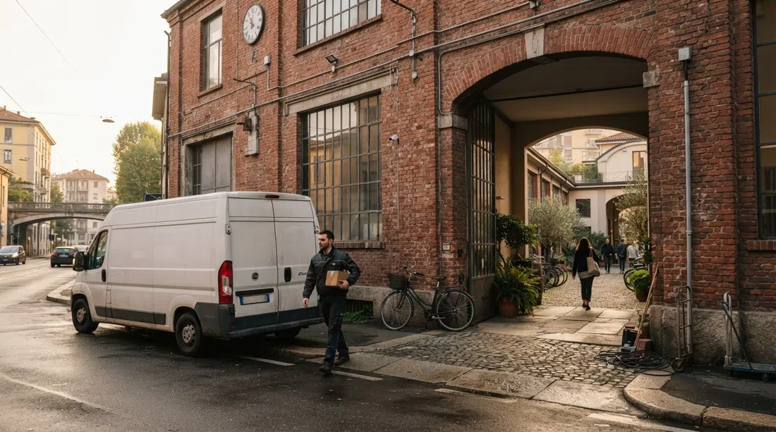 los cobertizos industriales de ladrillo y la arquitectura de muelles de carga de Via Tortona a la luz del atardecer, con una entrada tranquila a un patio y una furgoneta de reparto afuera