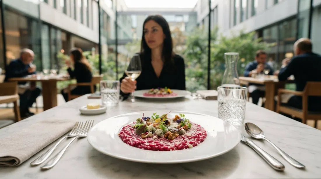 un risotto de remolacha con gorgonzola emplatado en Enrico Bartolini al Mudec, presentación de alta cocina en un plato blanco con el jardín interior del MUDEC suavemente visible al fondo