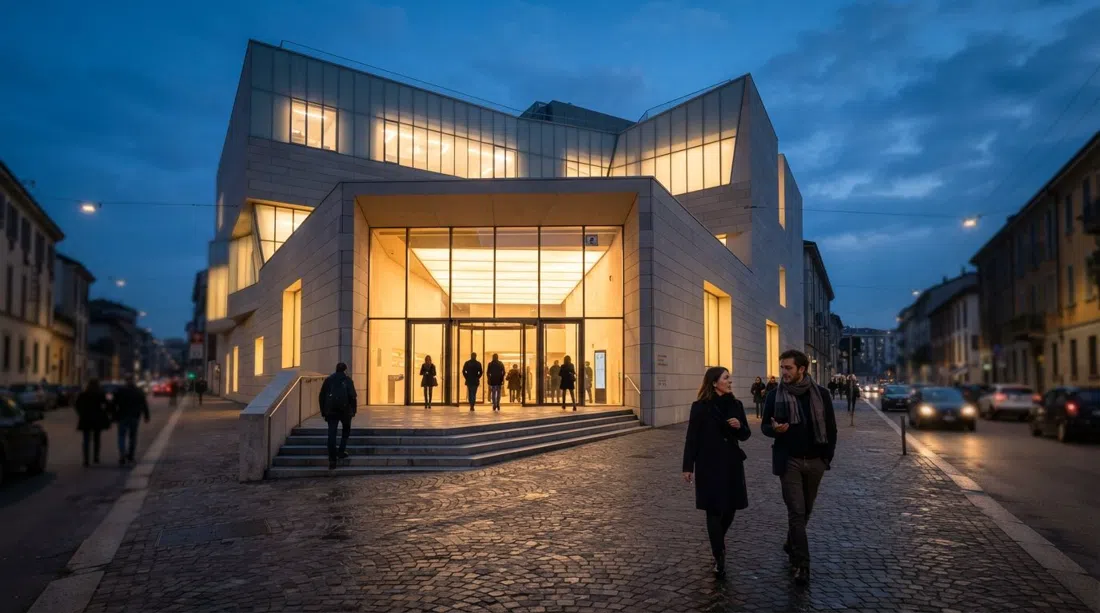 el exterior del MUDEC en Via Tortona 56 al atardecer, con la fachada angular de Chipperfield y la entrada del museo brillando suavemente