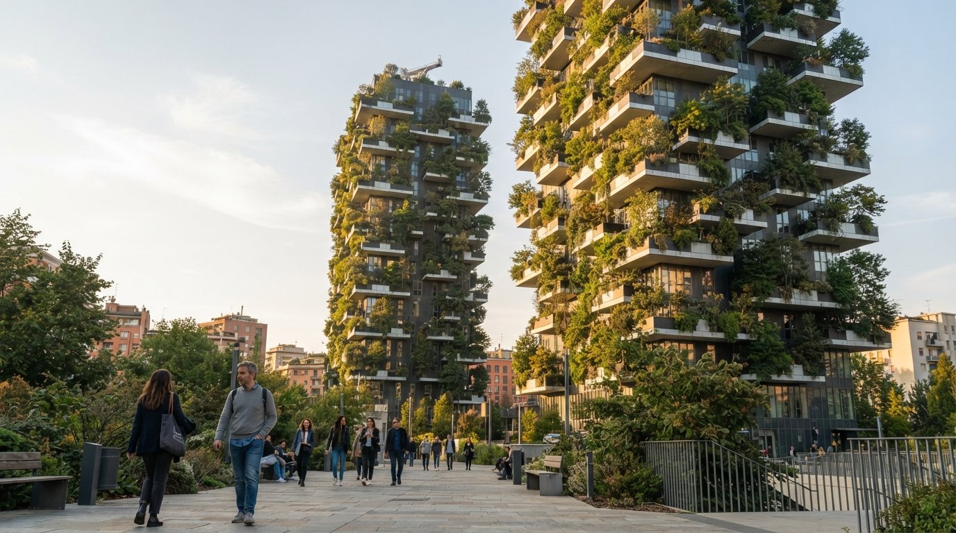 the Bosco Verticale towers in Milan seen from the base at golden hour, balconies thick with trees and shrubs against a pale sky