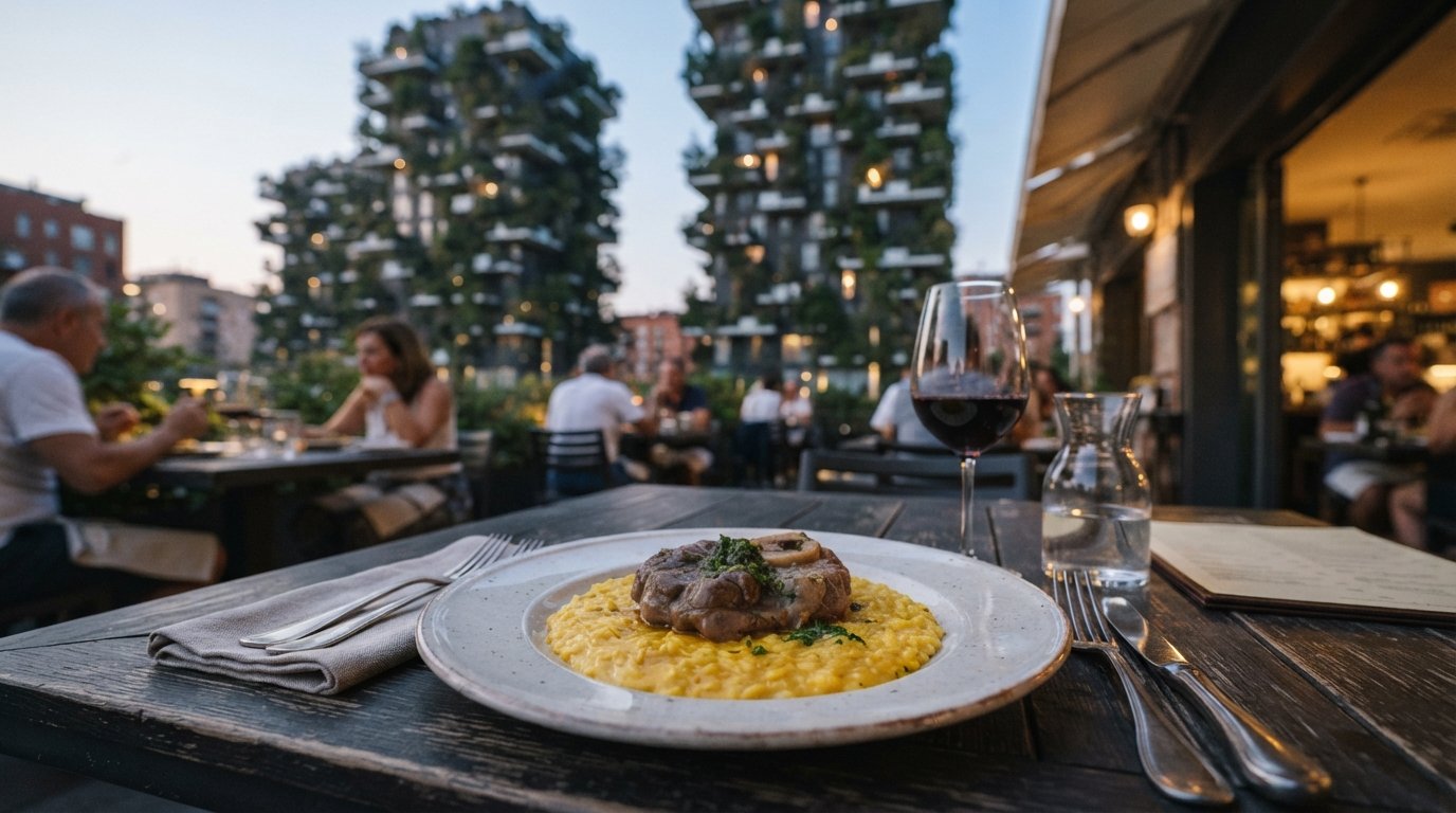 a plated risotto alla milanese with ossobuco at Ratanà, set on a terrace table facing the Bosco Verticale in soft evening light