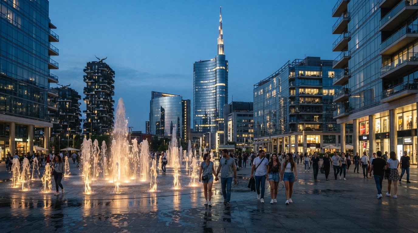 Piazza Gae Aulenti at dusk in Milan, illuminated fountains in the foreground and the UniCredit Tower rising behind glass-fronted towers